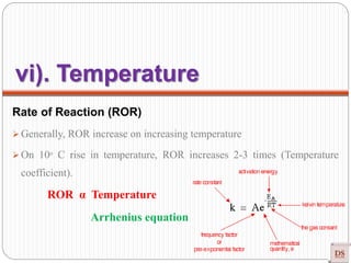 Rate of Reaction (ROR)
 Generally, ROR increase on increasing temperature
 On 10ᵒ C rise in temperature, ROR increases 2-3 times (Temperature
coefficient).
ROR α Temperature
Arrhenius equation
vi). Temperature
 