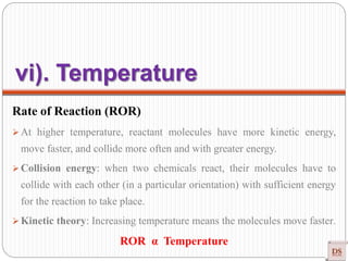 Rate of Reaction (ROR)
 At higher temperature, reactant molecules have more kinetic energy,
move faster, and collide more often and with greater energy.
 Collision energy: when two chemicals react, their molecules have to
collide with each other (in a particular orientation) with sufficient energy
for the reaction to take place.
 Kinetic theory: Increasing temperature means the molecules move faster.
ROR α Temperature
vi). Temperature
 