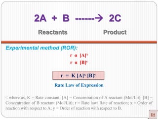 2A + B ------ 2C
Reactants Product
r = K [A]x [B]y
Experimental method (ROR):
r α [A]x
r α [B]y
Rate Law of Expression
⁖ where as, K = Rate constant; [A] = Concentration of A reactant (Mol/Lit); [B] =
Concentration of B reactant (Mol/Lit); r = Rate law/ Rate of reaction; x = Order of
reaction with respect to A; y = Order of reaction with respect to B.
 