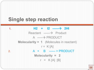 1. H2 + I2 ------ 2HI
Reactant ------ Product
A ----- PRODUCT
Molecularity = 1 (Molecules in reactant)
r = K [A]
2. A + B ------ > PRODUCT
Molecularity = 2
r = K [A] [B]
Single step reaction
 