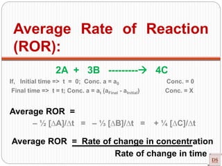 2A + 3B --------- 4C
If, Initial time => t = 0; Conc. a = a0 Conc. = 0
Final time => t = t; Conc. a = at (aFinal - aInitial) Conc. = X
Average ROR =
– ½ [∆A]/∆t = – ⅓ [∆B]/∆t = + ¼ [∆C]/∆t
Average ROR = Rate of change in concentration
Rate of change in time
Average Rate of Reaction
(ROR):
 