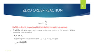 ZERO ORDER REACTION
𝑡1/2 =
𝐴0
2𝑘
Half life is directly proportional to the initial concentration of reactant.
2) Shelf life: It is a time required for reactant concentration to decrease to 90% of
the initial concentration.
𝐴𝑡 = 0.9 𝐴0
By putting this value in equation [𝐴0 − 𝐴𝑡 = 𝑘𝑡] , we get:
𝑡0.9 =
𝐴0 −0.9 𝐴0
𝑘
Gourav Singh
13
 