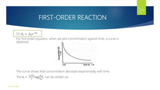 FIRST-ORDER REACTION
Or 𝐴𝑡 = 𝐴0𝑒−𝑘𝑡
For first order equation, when we plot concentration against time, a curve is
obtained.
The curve shows that concentration decrease exponentially with time.
The 𝑘 =
2.303
𝑡
log[
𝐴0
𝐴𝑡
] can be written as-
Gourav Singh
21
 