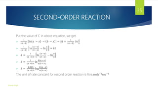 SECOND-ORDER REACTION
Put the value of C in above equation, we get

1
(𝑎 −𝑏)
ln 𝑎 − 𝑥 − 𝑏 − 𝑥 = 𝑘𝑡 +
1
(𝑎 −𝑏)
𝑙𝑛
𝑎
𝑏

1
(𝑎 −𝑏)
ln
𝑎 −𝑥
𝑏 −𝑥
− ln
𝑎
𝑏
= 𝑘𝑡
 𝑘 =
1
𝑎 −𝑏 𝑡
ln
𝑎 −𝑥
𝑏 −𝑥
− ln
𝑎
𝑏
 𝑘 =
1
𝑎 −𝑏 𝑡
ln
𝑏(𝑎 −𝑥)
𝑎(𝑏 −𝑥)
 𝑘 =
2.303
𝑎 −𝑏 𝑡
log
𝑏(𝑎 −𝑥)
𝑎(𝑏 −𝑥)
The unit of rate constant for second order reaction is litre.mole−1
sec−1
Gourav Singh
35
 