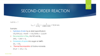 SECOND-ORDER REACTION
Half life = ?
𝑡1/2 =
1
𝑎 𝑥 𝑘2
=
1
1.082 𝑥 0.01
= 92.42 𝑚𝑖𝑛
Examples:
1) Hydrolysis of ester by an alkali (saponification)
𝐶𝐻3𝐶𝑂𝑂𝐶2𝐻5 + 𝑁𝑎𝑂𝐻 → 𝐶𝐻3𝐶𝑂𝑂𝑁𝑎 + 𝐶2𝐻5𝑂𝐻
2) Decomposition of 𝑵𝒐𝟐 into NO and 𝑶𝟐
2𝑁𝑂2 → 2𝑁𝑂 + 𝑂2
3) Conversion of ozone into oxygen at 𝟏𝟎𝟎𝟎
𝒄
2𝑂3 → 3𝑂2
4) Thermal Decomposition of choline monoxide.
2𝐶𝑙2𝑂 → 2𝐶𝑙2 + 𝑂2
Gourav Singh
37
 