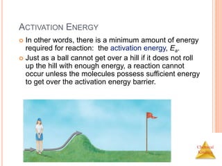 Chemical
Kinetics
ACTIVATION ENERGY
 In other words, there is a minimum amount of energy
required for reaction: the activation energy, Ea.
 Just as a ball cannot get over a hill if it does not roll
up the hill with enough energy, a reaction cannot
occur unless the molecules possess sufficient energy
to get over the activation energy barrier.
 