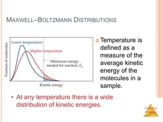 Chemical
Kinetics
MAXWELL–BOLTZMANN DISTRIBUTIONS
 Temperature is
defined as a
measure of the
average kinetic
energy of the
molecules in a
sample.
• At any temperature there is a wide
distribution of kinetic energies.
 