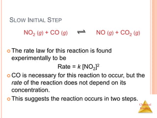 Chemical
Kinetics
SLOW INITIAL STEP
 The rate law for this reaction is found
experimentally to be
Rate = k [NO2]2
 CO is necessary for this reaction to occur, but the
rate of the reaction does not depend on its
concentration.
 This suggests the reaction occurs in two steps.
NO2 (g) + CO (g) NO (g) + CO2 (g)
 