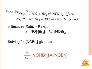 Chemical
Kinetics
FAST INITIAL STEP
 Because Ratef = Rater ,
k1 [NO] [Br2] = k−1 [NOBr2]
Solving for [NOBr2] gives us
k1
k−1
[NO] [Br2] = [NOBr2]
 