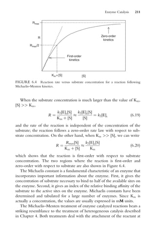 When the substrate concentration is much larger than the value of Km,
[S]  Km,
R ¼
k2[E]t[S]
Km þ [S]

k2[E]t[S]
[S]
¼ k2[E]t (6:19)
and the rate of the reaction is independent of the concentration of the
substrate; the reaction follows a zero-order rate law with respect to sub-
strate concentration. On the other hand, when Km  [S], we can write
R ¼
Rmax[S]
Km þ [S]

k2[E]t[S]
Km
(6:20)
which shows that the reaction is Wrst-order with respect to substrate
concentration. The two regions where the reaction is Wrst-order and
zero-order with respect to substrate are also shown in Figure 6.4.
The Michaelis constant is a fundamental characteristic of an enzyme that
incorporates important information about the enzyme. First, it gives the
concentration of substrate necessary to bind to half of the available sites on
the enzyme. Second, it gives an index of the relative binding aYnity of the
substrate to the active sites on the enzyme. Michaelis constants have been
determined and tabulated for a large number of enzymes. Since Km is
actually a concentration, the values are usually expressed in mM units.
The Michaelis–Menten treatment of enzyme catalyzed reactions bears a
striking resemblance to the treatment of heterogeneous catalysis described
in Chapter 4. Both treatments deal with the attachment of the reactant at
First-order
kinetics
Zero-order
kinetics
Rmax
Km=[S]
Rmax/2
R
[S]
FIGURE 6.4 Reaction rate versus substrate concentration for a reaction following
Michaelis–Menten kinetics.
Enzyme Catalysis 211
 