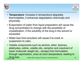 • Temperature: Increase in temperature degrades
thermolabiles, it enhances degradation chemically and
physically.
• Evaporation of water from liquid preparation will cause the
drug concentration to change with the possibility of
crystallization, if the solubility of the drug in the solvent is
exceeded.
• Water loss from emulsion will cause it to crack or
suspension to cake.
• Volatile components such as alcohol, ether, ketones,
aldehydes, iodine, volatile oils, camphor and cosolvent of
lower molecular weight etc., escape from formulation
through vaporization, even at room temperature, leading to
drug loss.
18 March 2020
SNJB's SSDJ College of Pharmacy, Chandwad (Nasik) 25
 