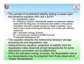• The concept of accelerated stability testing is based upon
the Arrhenius equation lnK= lnA + Δ /
•K = degradation rate/s,
•A = frequency factor/s, (Specifically relates to molecular collision,
deals with the frequency of molecules that collide in the correct
orientation and with enough energy to initiate a reaction. It is a
factor that is determined experimentally, as it varies with different
reactions)
•ΔE = activation energy (kJ/mol),
•R = universal gas constant (0.00831kJ/mol),
•T=absolute temperature (K)
• This equation describe the relationship between storage
temperatures and degradation rate.
• Using Arrhenius equation, projection of stability from the
degradation rates observed at high temperatures for some
degradation processes can be determined.
• When the activation energy is known, the degradation rate at
low temperatures may be projected from those observed at
“stress” temperatures.
41
 