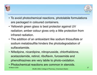 • To avoid photochemical reactions, photolabile formulations
are packaged in coloured containers.
• Yellowish green glass is best protector against UV
radiation; amber colour gives only a little protection from
infrared radiation.
• The addition of an antioxidant like sodium thiosulfate or
sodium metabisulfite hinders the photodegradation of
sulfacetamide.
• Nifedipine, nicardipine, nitroprusside, chlorthalidone,
acetazolamide, retinol, riboflavin, furosemide and
phenothiazines are very labile to photo-oxidation.
• Photochemical reactions are common in steroids.
18 March 2020
SNJB's SSDJ College of Pharmacy, Chandwad (Nasik)
27
 