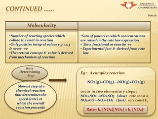 CONTINUED ......
Slide 18
Slowest step of a
chemical reaction
that determines the
speed (rate) at
which the overall
reaction proceeds
Rate
Determining
Step
Eg : A complex reaction
NO2(g)+CO(g)→NO(g)+CO2(g)
occur in two elementary steps :
NO2+NO2→NO+NO3 (slow) rate const k1
NO3+CO→NO2+CO2 (fast) rate const k2
Rate= k1 [NO2][NO2] = k1 [NO2]2
Molecularity Order
•Number of reacting species which
collide to result in reaction
•Only positive integral values e.g 1,2,3
& never –ve
•Theoretical concept & value is derived
from mechanism of reaction
•Sum of powers to which concentrations
are raised in the rate law expression
• Zero, fractional or even be -ve
• Experimental fact & derived from rate
law
 