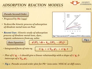 ADSORPTION REACTION MODELS
Slide 25
Pseudo Second Order
• Proposed by Ho (1995)
• To describe kinetic process of adsorption
of divalent metal ions on Peat
• Recent Uses : Kinetic study of adsorption
process of divalent metal ions, dyes ,
organic substances from aq. solns
d (P)t / dt = kp2 [(P)0 - (P)t]2
Rate Equation
t/ qt = 1/ kp2 q2
e + 1/ qe t
• Integrated form of rate eq.
• Plot of t/ qt ~ t should give a linear relationship with a slope of 1/ qe &
intercept of 1/ kp2 q2
e
• Fig 2 : Pseudo second order plot for Pb2+ ions onto NSSCAC at diff concs.
Fig 2
 