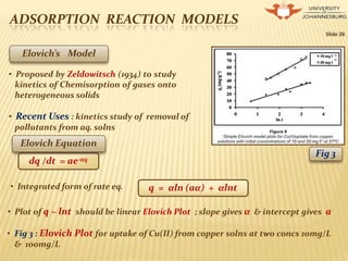 ADSORPTION REACTION MODELS
Slide 26
dq /dt = ae-αq
Elovich’s Model
• Proposed by Zeldowitsch (1934) to study
kinetics of Chemisorption of gases onto
heterogeneous solids
• Recent Uses : kinetics study of removal of
pollutants from aq. solns
Elovich Equation
q = αln (aα) + αlnt
• Integrated form of rate eq.
• Plot of q ~ lnt should be linear Elovich Plot ; slope gives α & intercept gives a
• Fig 3 : Elovich Plot for uptake of Cu(II) from copper solns at two concs 10mg/L
& 100mg/L
Fig 3
 
