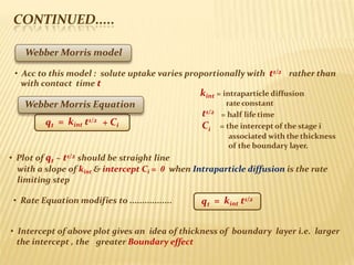 CONTINUED.....
Slide 29
= kint t1/2
qt + Ci
• Plot of qt ~ t1/2 should be straight line
with a slope of kint & intercept Ci = 0 when Intraparticle diffusion is the rate
limiting step
Webber Morris Equation
• Intercept of above plot gives an idea of thickness of boundary layer i.e. larger
the intercept , the greater Boundary effect
Webber Morris model
• Acc to this model : solute uptake varies proportionally with t1/2 rather than
with contact time t
kint = intraparticle diffusion
t1/2
i
rate constant
= half life time
C = the intercept of the stage i
associated with the thickness
of the boundary layer.
qt = kint t1/2
• Rate Equation modifies to .................
 