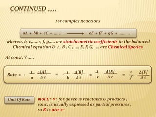 CONTINUED .....
Slide 6
s-1
mol L-1 for gaseous reactants & products ,
conc. is usually expressed as partial pressures ,
so R is atm s-1
1 ∆[A]
a ∆ t b ∆ t
Rate = - = - 1 ∆[B] 1
e
∆[E]
∆ t
=
1
f
∆[F]
∆ t
=
For complex Reactions
aA + bB + cC + ......... eE + fF + gG + ..........
where a, b, c,.....e, f, g,.... are stoichiometric coefficients in the balanced
Chemical equation & A, B , C ,..... E, F, G, .... are Chemical Species
At const.V .....
Unit Of Rate
 