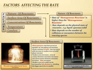 FACTORS AFFECTING THE RATE
Slide 8
Nature Of Reactants
Concentration Of Reactants
Temperature
Surface Area Of Reactants
Catalyst
F
A
C
T
O
R
S
The same mass of Steel wool bursts
into flame
A Hot Steel nail glows feebly when
placed in oxygen
•Heterogeneous reaction occurs at
interface of two phases of reactants
•If one reactant is Solid , rate increases
with increase in surface area of solid
phase reactant
•Surface area increases , area of
contact between reactants increases -
rate of encounter between reactants
increases - Rate increases
•Surface area of a solid can be
increased by Sub-division i.e. dividing
the bigger particles in smaller
S
•urface Area Of Reactants
• Rate of “ Homogeneous Reactions” is
higher than the “Heterogeneous
Reactions”
• Rate depends on the physical state of
reactants , e.g. liquid /gaseous/solid
• Rate depends on the number of
collisions or encounters between the
reacting species
Nature Of Reactants
 