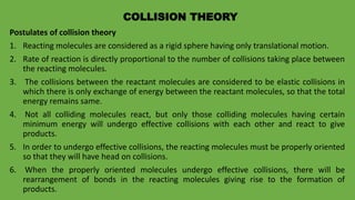 COLLISION THEORY
Postulates of collision theory
1. Reacting molecules are considered as a rigid sphere having only translational motion.
2. Rate of reaction is directly proportional to the number of collisions taking place between
the reacting molecules.
3. The collisions between the reactant molecules are considered to be elastic collisions in
which there is only exchange of energy between the reactant molecules, so that the total
energy remains same.
4. Not all colliding molecules react, but only those colliding molecules having certain
minimum energy will undergo effective collisions with each other and react to give
products.
5. In order to undergo effective collisions, the reacting molecules must be properly oriented
so that they will have head on collisions.
6. When the properly oriented molecules undergo effective collisions, there will be
rearrangement of bonds in the reacting molecules giving rise to the formation of
products.
 