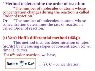* Method to determine the order of reaction:-
“The number of molecules or atoms whose
concentration changes during the reaction is called
Order of reaction.”
Or “The number of molecules or atoms whose
concentration determines the rate of reaction is
called Order of reaction.”
(1) Van’t Hoff’s differential method (1884):-
This method involves determination of rates
(dc/dt) by measuring slopes of concentration (c) vs.
time (t) curves
For nth order reaction, we have,
….(1). C = concentration.Rate =
–𝒅𝒄
𝒅𝒕
= K.cn
 