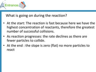 What is going on during the reaction? At the start: The reaction is fast because here we have the highest concentration of reactants, therefore the greatest number of successful collisions. As reaction progresses: the rate declines as there are fewer particles to collide. At the end : the slope is zero (flat) no more particles to react 