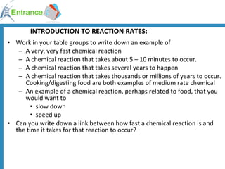 INTRODUCTION TO REACTION RATES: Work in your table groups to write down an example of A very, very fast chemical reaction A chemical reaction that takes about 5 – 10 minutes to occur. A chemical reaction that takes several years to happen A chemical reaction that takes thousands or millions of years to occur. Cooking/digesting food are both examples of medium rate chemical  An example of a chemical reaction, perhaps related to food, that you would want to  slow down speed up Can you write down a link between how fast a chemical reaction is and the time it takes for that reaction to occur? 