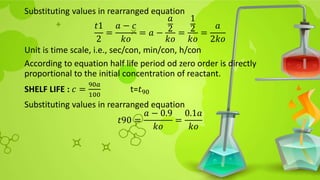 Substituting values in rearranged equation
𝑡1
2
=
𝑎 − 𝑐
𝑘𝑜
= 𝑎 −
𝑎
2
𝑘𝑜
=
1
2
𝑘𝑜
=
𝑎
2𝑘𝑜
Unit is time scale, i.e., sec/con, min/con, h/con
According to equation half life period od zero order is directly
proportional to the initial concentration of reactant.
SHELF LIFE : 𝑐 =
90𝑎
100
t=𝑡90
Substituting values in rearranged equation
𝑡90 =
𝑎 − 0.9
𝑘𝑜
=
0.1𝑎
𝑘𝑜
 
