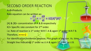 SECOND ORDER REACTION
A+B=Products
Rate equation can be written as:
−
𝑑𝐴
𝑑𝑡
= −
𝑑𝐵
𝑑𝑡
= 𝑘2[𝐴]1[𝐵]1
[A] & [B]= concentration of A & B respectively
K2= Specific rate constant for 2nd order.
i.e. Rate of reaction is 1st order W.R.T. A & again 1st order W.R.T B.
Therefore, m+n=2
For identification/evidence purpose; Plot graph of log con. Vs. time.
Straight line indicating 1st order w.r.t A & again 1st order w.r.t B.
 