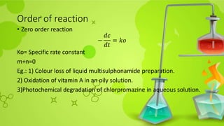 Order of reaction
• Zero order reaction
−
𝑑𝑐
𝑑𝑡
= 𝑘𝑜
Ko= Specific rate constant
m+n=0
Eg.: 1) Colour loss of liquid multisulphonamide preparation.
2) Oxidation of vitamin A in an oily solution.
3)Photochemical degradation of chlorpromazine in aqueous solution.
 