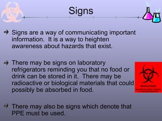 Signs

Signs are a way of communicating important
information. It is a way to heighten
awareness about hazards that exist.

There may be signs on laboratory
refrigerators reminding you that no food or
drink can be stored in it. There may be
radioactive or biological materials that could
possibly be absorbed in food.

There may also be signs which denote that
PPE must be used.
 