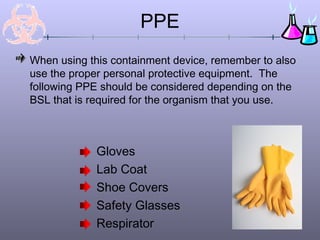 PPE
When using this containment device, remember to also
use the proper personal protective equipment. The
following PPE should be considered depending on the
BSL that is required for the organism that you use.



             Gloves
             Lab Coat
             Shoe Covers
             Safety Glasses
             Respirator
 