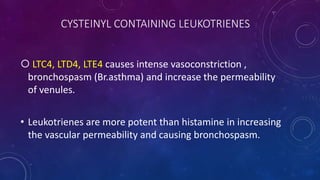 CYSTEINYL CONTAINING LEUKOTRIENES
 LTC4, LTD4, LTE4 causes intense vasoconstriction ,
bronchospasm (Br.asthma) and increase the permeability
of venules.
• Leukotrienes are more potent than histamine in increasing
the vascular permeability and causing bronchospasm.
 