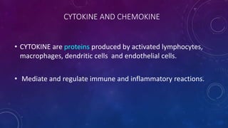 CYTOKINE AND CHEMOKINE
• CYTOKINE are proteins produced by activated lymphocytes,
macrophages, dendritic cells and endothelial cells.
• Mediate and regulate immune and inflammatory reactions.
 