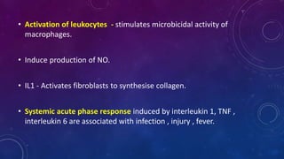 • Activation of leukocytes - stimulates microbicidal activity of
macrophages.
• Induce production of NO.
• IL1 - Activates fibroblasts to synthesise collagen.
• Systemic acute phase response induced by interleukin 1, TNF ,
interleukin 6 are associated with infection , injury , fever.
 