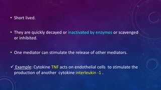 • Short lived.
• They are quickly decayed or inactivated by enzymes or scavenged
or inhibited.
• One mediator can stimulate the release of other mediators.
 Example: Cytokine TNF acts on endothelial cells to stimulate the
production of another cytokine interleukin -1 .
 