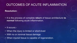 OUTCOMES OF ACUTE INFLAMMATION
Resolution:
• It is the process of complete return of tissue architecture to
normal following acute inflammation.
• It occurs:-
• When the injury is limited or short-lived
• With no or minimal tissue damage
• When injured tissue is capable of regeneration.
 