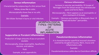 Serous Inflammation
Characterized by outpouring of a thin serous fluid.
Yellow, straw-like in color.
Microscopically shows few or no cells.
Example:
Skin blister formed in burns or viral infection.
Fibrinous Inflammation
Increase in vascular permeability  Escape of
fibrinogen from the blood vessel into extravascular
space and forms fibrin.
Microscopically:- Fibrin appears as an eosinophilic or
pink meshwork of threads.
Example:- Fibrinous pericarditis in Rheumatic fever 
“bread and butter” pericarditis.
Suppurative or Purulent Inflammation
Production of large amounts of pus or purulent
exudate.
Microscopically, shows neutrophils, liquefactive
necrosis, and edema
fluid.
Example, acute appendicitis.
Pseudomembranous Inflammation
It is characterized by superficial mucosal ulceration
covered by sloughed mucosa, fibrin, mucus and
inflammatory cells.
Example:-
Pseudomembranous colitis due to Clostridium difficile.
MORPHOLOGICAL
TYPES / PATTERNS
OF
ACUTE
INFLAMMATION
 