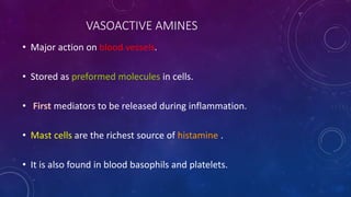 VASOACTIVE AMINES
• Major action on blood vessels.
• Stored as preformed molecules in cells.
• First mediators to be released during inflammation.
• Mast cells are the richest source of histamine .
• It is also found in blood basophils and platelets.
 