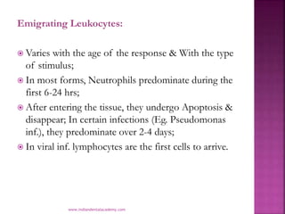 Emigrating Leukocytes:
 Varies with the age of the response & With the type
of stimulus;
 In most forms, Neutrophils pre...
