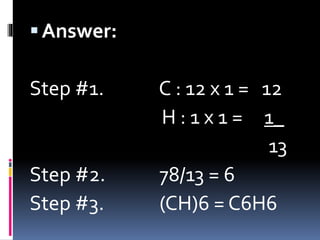  Answer:

Step #1.

Step #2.
Step #3.

C : 12 x 1 = 12
H : 1 x 1 = 1_
13
78/13 = 6
(CH)6 = C6H6

 