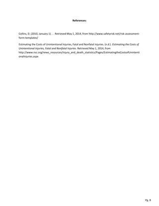 References:
Collins, D. (2010, January 1). . . Retrieved May 1, 2014, from http://www.safetyrisk.net/risk-assessment-
form-templates/
Estimating the Costs of Unintentional Injuries, Fatal and Nonfatal Injuries. (n.d.). Estimating the Costs of
Unintentional Injuries, Fatal and Nonfatal Injuries. Retrieved May 1, 2014, from
http://www.nsc.org/news_resources/injury_and_death_statistics/Pages/EstimatingtheCostsofUnintenti
onalInjuries.aspx
Pg. 8
 