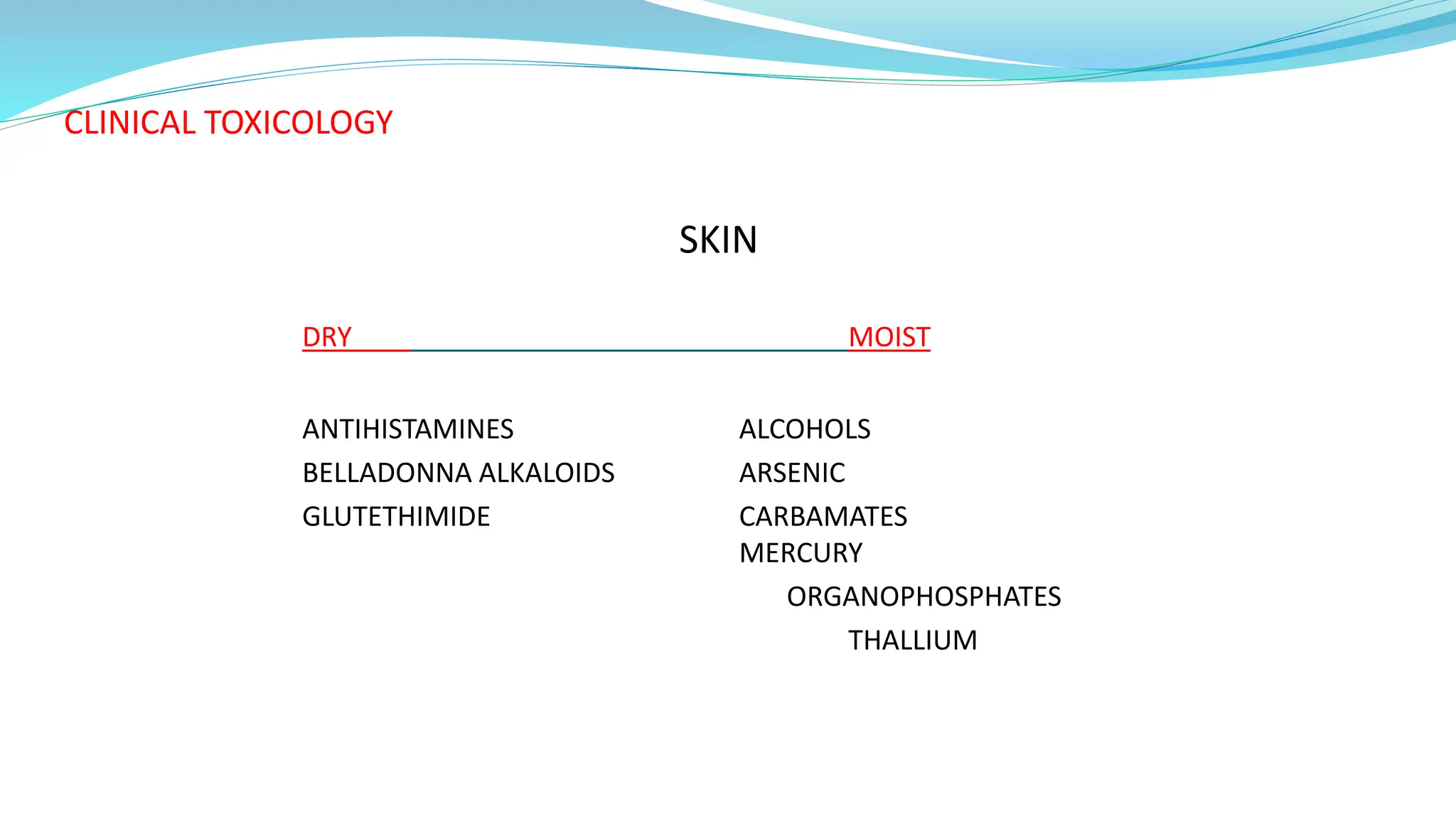 CLINICAL TOXICOLOGY
SKIN
DRY MOIST
ANTIHISTAMINES ALCOHOLS
BELLADONNA ALKALOIDS ARSENIC
GLUTETHIMIDE CARBAMATES
MERCURY
ORGANOPHOSPHATES
THALLIUM
 