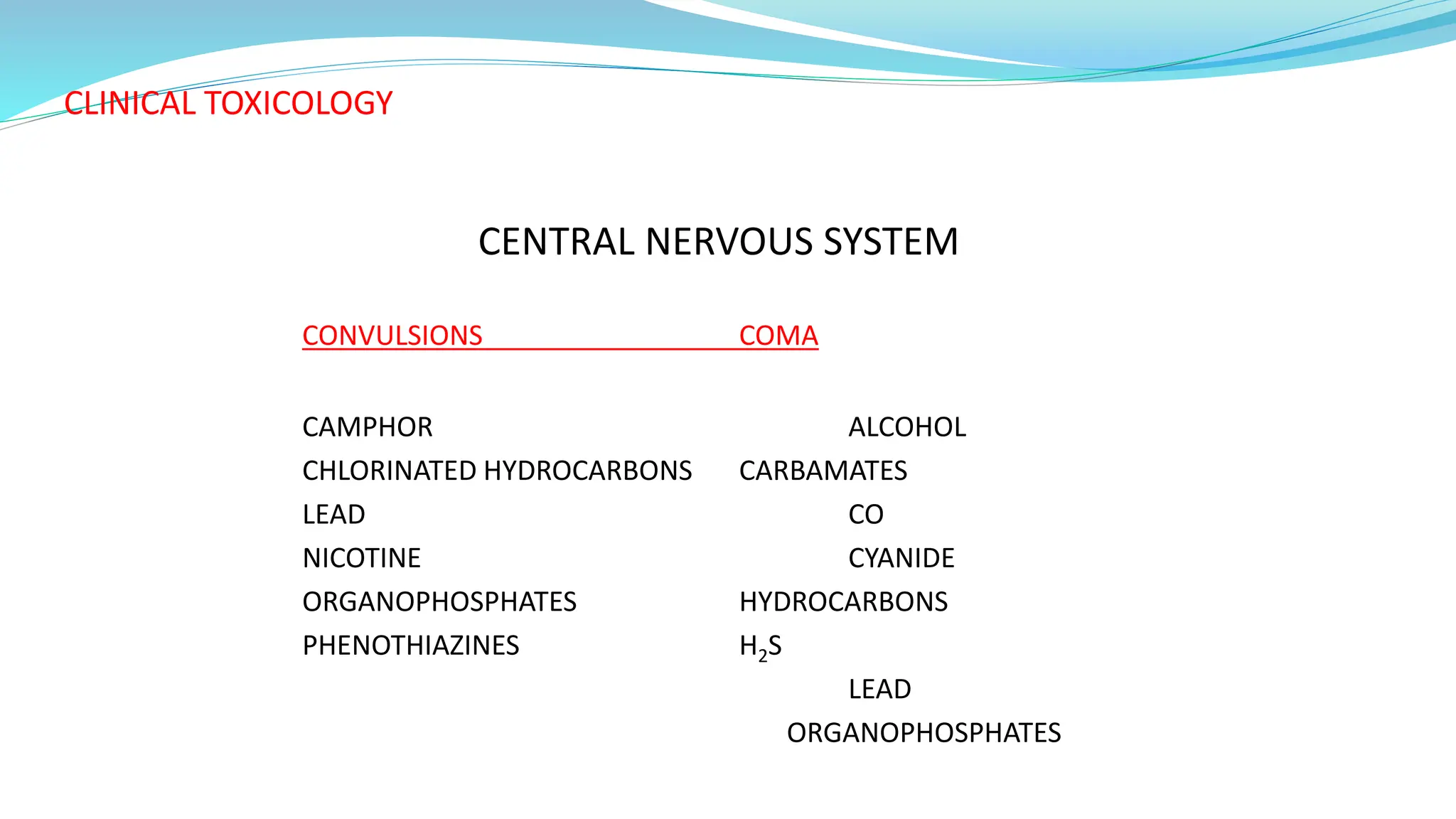 CLINICAL TOXICOLOGY
CENTRAL NERVOUS SYSTEM
CONVULSIONS COMA
CAMPHOR ALCOHOL
CHLORINATED HYDROCARBONS CARBAMATES
LEAD CO
NICOTINE CYANIDE
ORGANOPHOSPHATES HYDROCARBONS
PHENOTHIAZINES H2S
LEAD
ORGANOPHOSPHATES
 