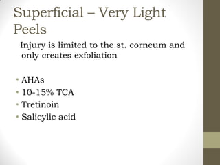 Superficial – Very Light
Peels
Injury is limited to the st. corneum and
only creates exfoliation
• AHAs
• 10-15% TCA
• Tretinoin
• Salicylic acid
 