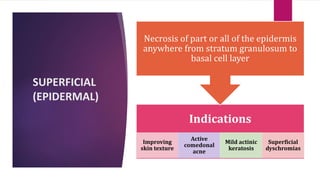 SUPERFICIAL
(EPIDERMAL)
Indications
Improving
skin texture
Active
comedonal
acne
Mild actinic
keratosis
Superficial
dyschromias
Necrosis of part or all of the epidermis
anywhere from stratum granulosum to
basal cell layer
 