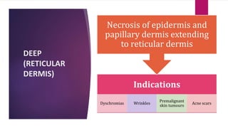 DEEP
(RETICULAR
DERMIS)
Indications
Dyschromias Wrinkles
Premalignant
skin tumours
Acne scars
Necrosis of epidermis and
papillary dermis extending
to reticular dermis
 