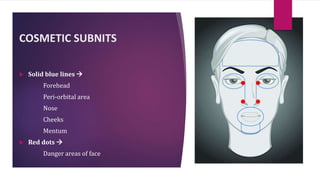 COSMETIC SUBNITS
 Solid blue lines 
Forehead
Peri-orbital area
Nose
Cheeks
Mentum
 Red dots 
Danger areas of face
 