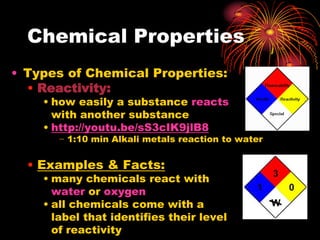 Chemical Properties
• Types of Chemical Properties:
• Reactivity:

• how easily a substance reacts
with another substance
• http://youtu.be/sS3cIK9jlB8

− 1:10 min Alkali metals reaction to water

• Examples & Facts:

• many chemicals react with
water or oxygen
• all chemicals come with a
label that identifies their level
of reactivity

 