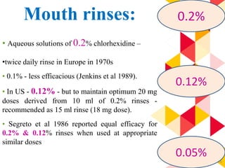 76
Mouth rinses:
• Aqueous solutions of 0.2% chlorhexidine –
•twice daily rinse in Europe in 1970s
• 0.1% - less efficacious (Jenkins et al 1989).
• In US - 0.12% - but to maintain optimum 20 mg
doses derived from 10 ml of 0.2% rinses -
recommended as 15 ml rinse (18 mg dose).
• Segreto et al 1986 reported equal efficacy for
0.2% & 0.12% rinses when used at appropriate
similar doses
0.2%
0.12%
0.05%
 